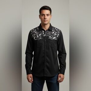 Akademiks Men’s XL Camo Button Down Shirt Gray Black Long Sleeve Semi-Sheer Back